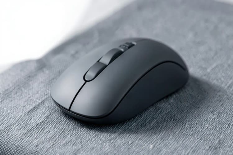 Mouse sem fio ergonômico de cor grafite sobre uma superfície de tecido cinza.