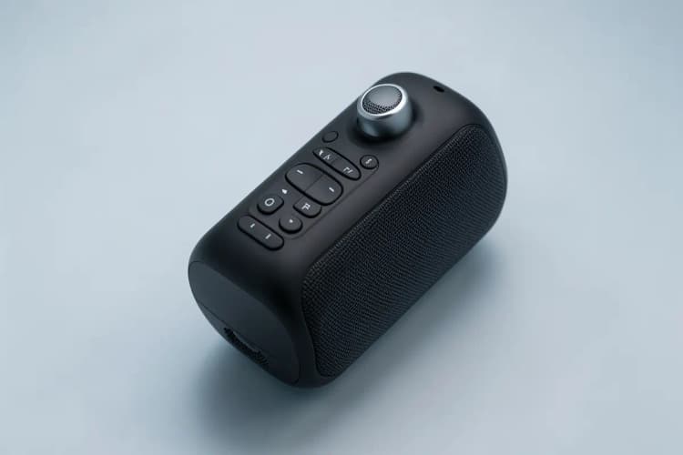 Close-up de uma caixa de som com microfone, mostrando os botões de controle.