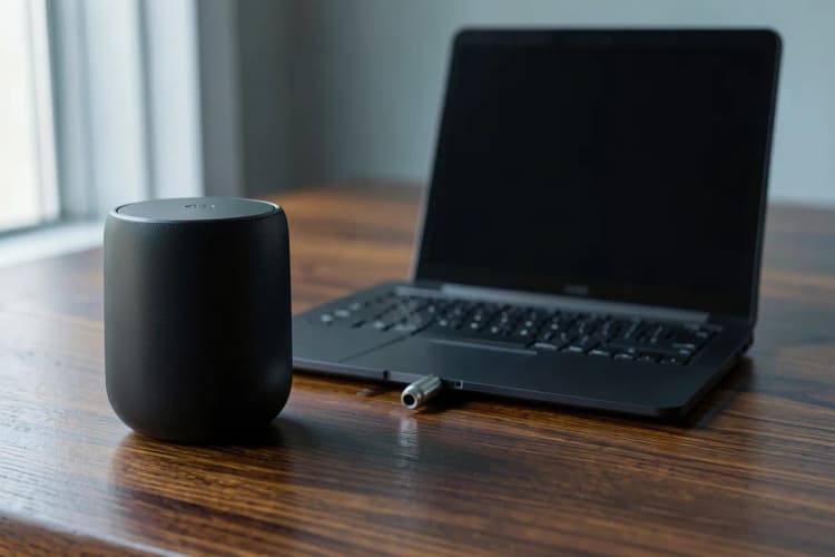 Exemplo de caixa de som com microfone conectada a um notebook.