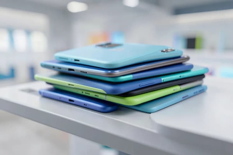 Um close-up de vários smartphones empilhados, mostrando diferentes modelos e cores em uma prateleira.