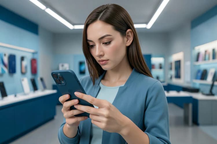 Uma mulher escolhe um celular em uma loja, examinando um modelo com atenção.
