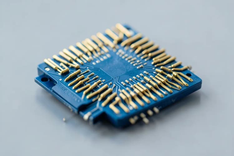 Close-up de um chip de computador com pinos dourados detalhados.