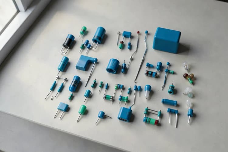 Diversos componentes eletrônicos dispostos sobre uma bancada, incluindo resistores, capacitores e LEDs.
