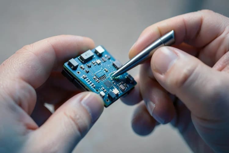 Mãos verificando a autenticidade de um componente eletrônico com uma pequena ferramenta.