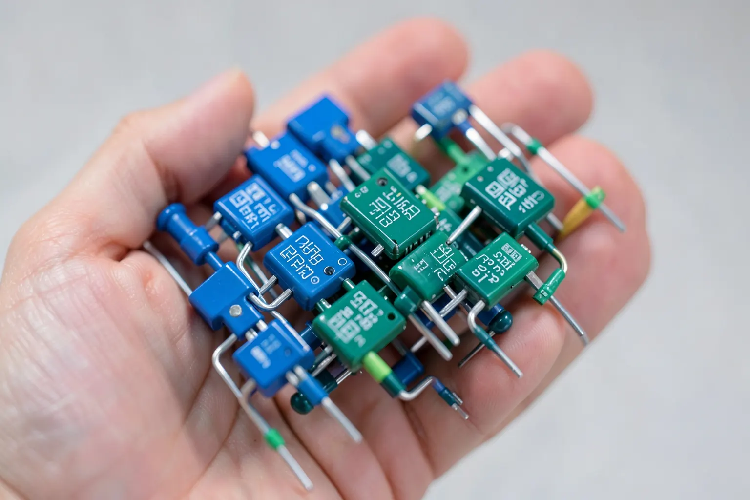 Mãos segurando uma variedade de componentes eletrônicos como resistores, capacitores e chips.