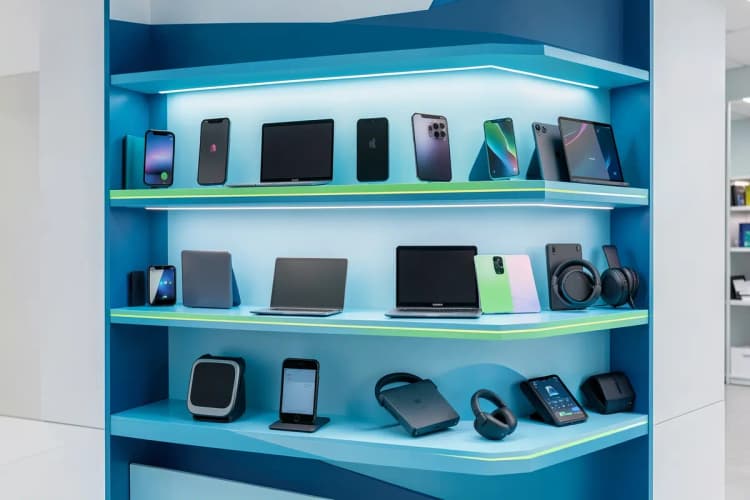 Diversos tipos de aparelhos eletrônicos como smartphones, laptops e fones de ouvido dispostos em prateleiras.