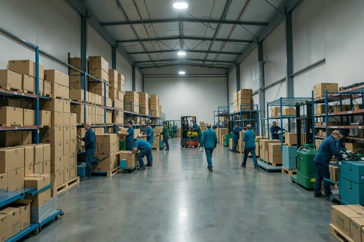 Pessoas em um centro de distribuição organizando caixas de eletrônicos.